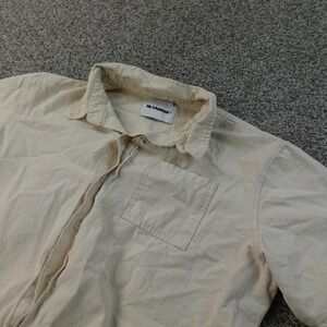Jil Sander Shirt Mens M Beige Logo Short Sleeve Button Up Relaxed Frayed Casual